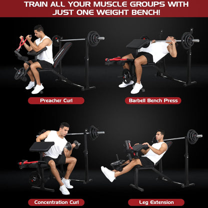 900LBS Weight Bench Set with Squat Rack Preacher Curl Weight Bench with Leg Extension Bench Press Set Workout Bench for Home Gym Full Body Workout